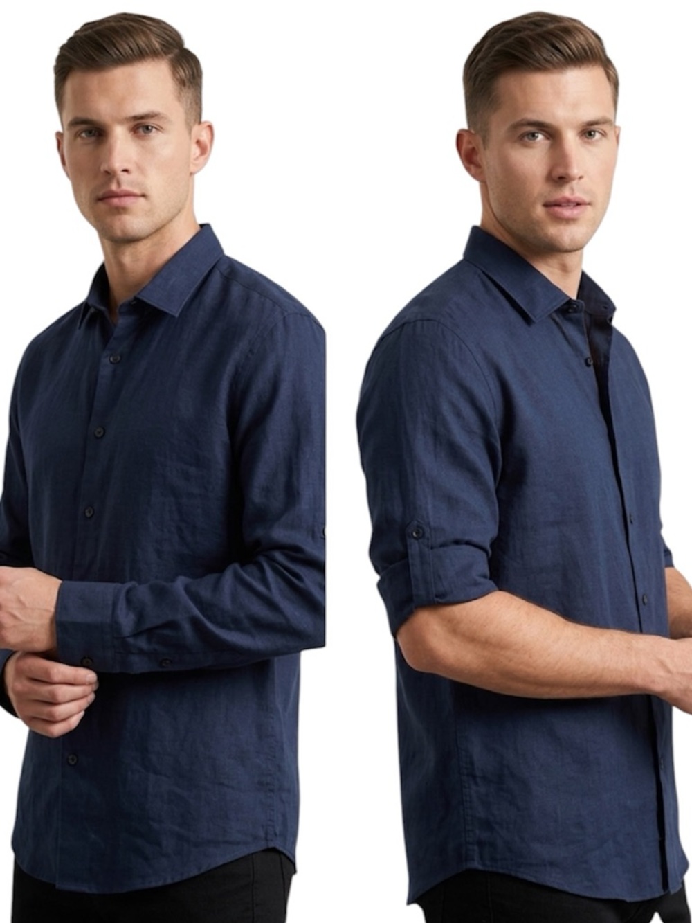 Perry Ellis Linen Blend Navy Roll Tab Sleeve Button Down Shirt